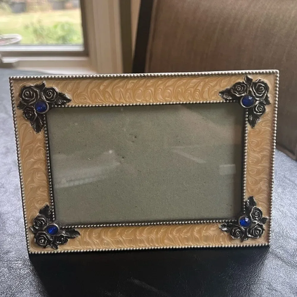 Metal, Yellow Swirl Enamel, Jeweled Picture Frame